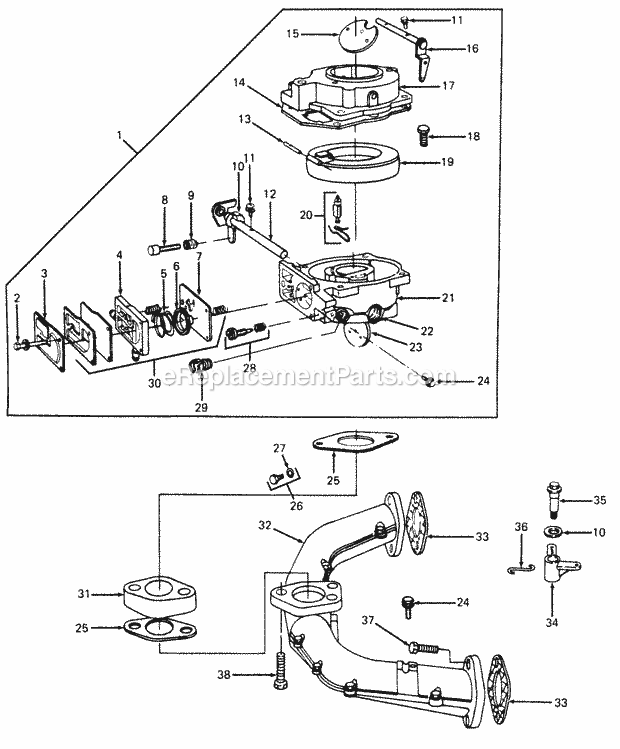 Carburetor & Intake Manifold Diagram and Parts List for 1610 135-393-100, 135-393-399, 0350042U, 136-393-1 Cub Cadet Lawn Mower